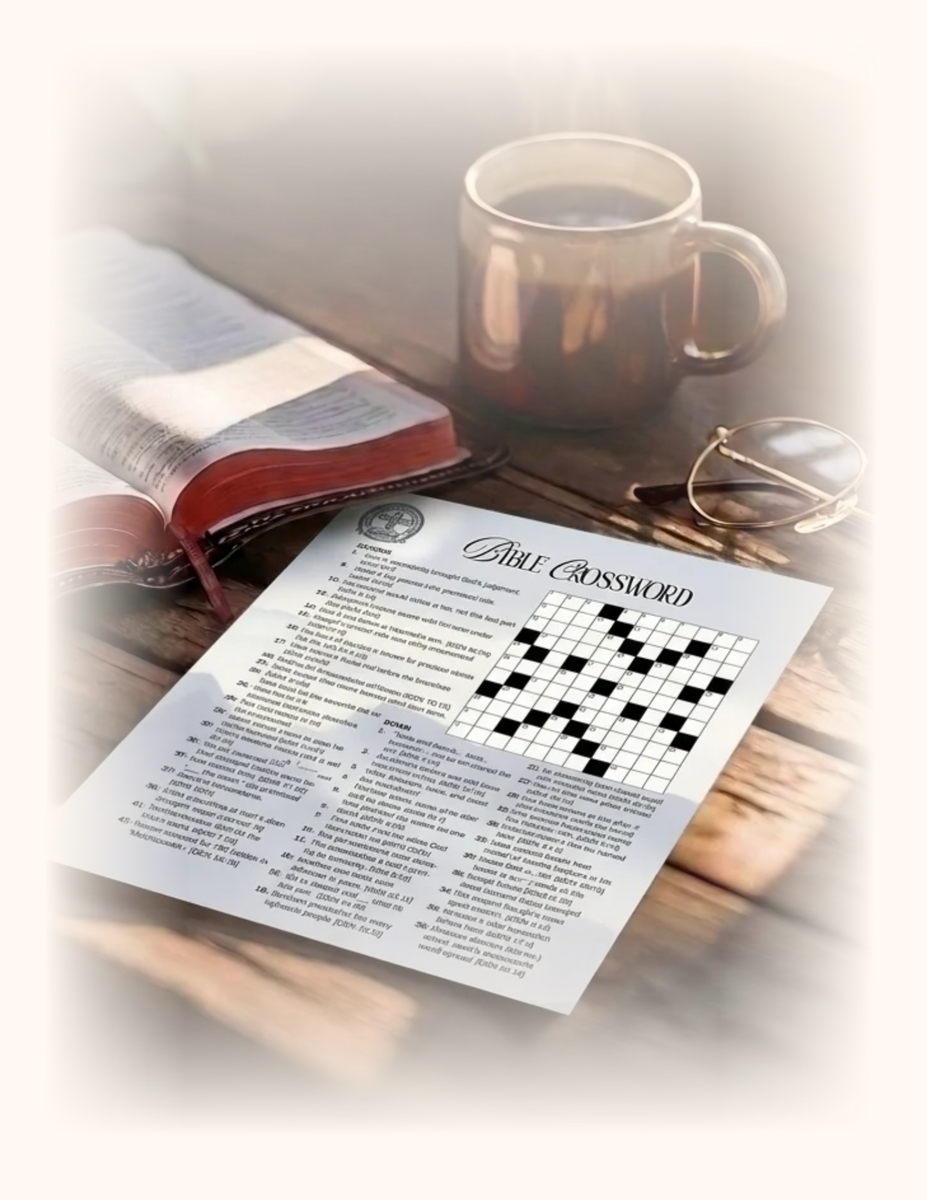Free printable Bible Crossword puzzle beside an open Bible, coffee mug, and reading glasses
